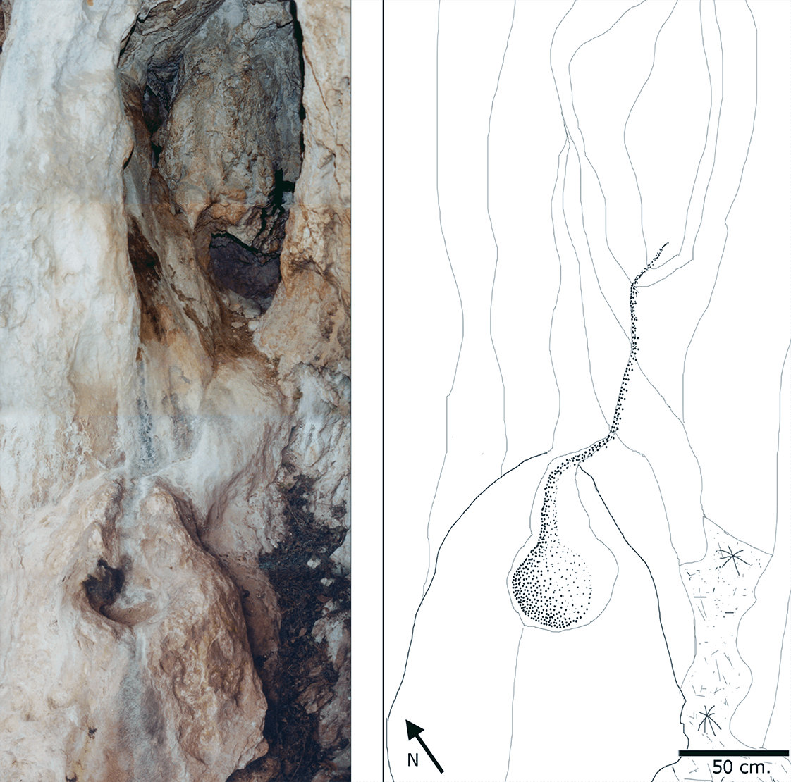 Water harvest channels carved into the rock surface of a rock shelter in the Riparo delle Mummie area (Umbria)